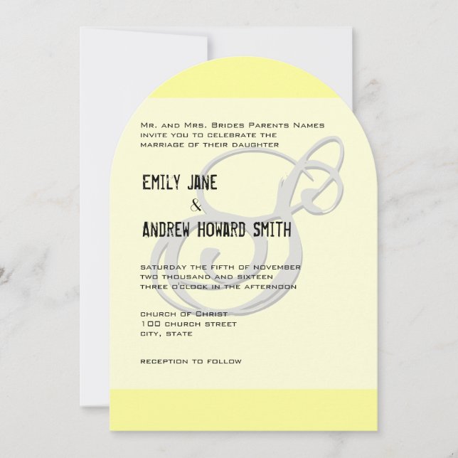 Funky Monogram Elegant Yellow Grey Silver Metallic Invitation (Front)