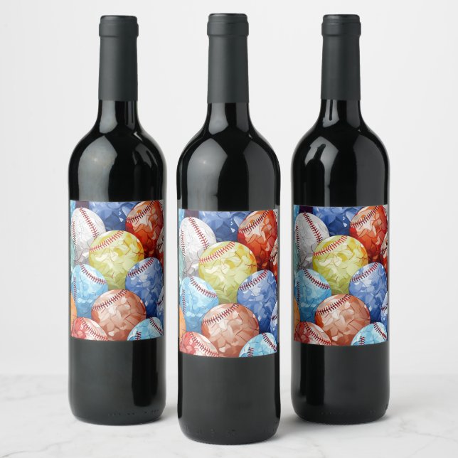 Funky Multi Coloured Baseballs Wine Label (Bottles)