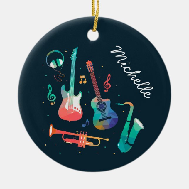 Funky Music colourful musical instruments Ceramic Tree Decoration (Front)