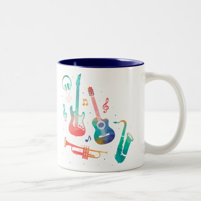 Funky Music colourful musical instruments Two-Tone Coffee Mug (Right)