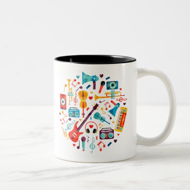 Funky Music colourful musical instruments Two-Tone Coffee Mug (Right)