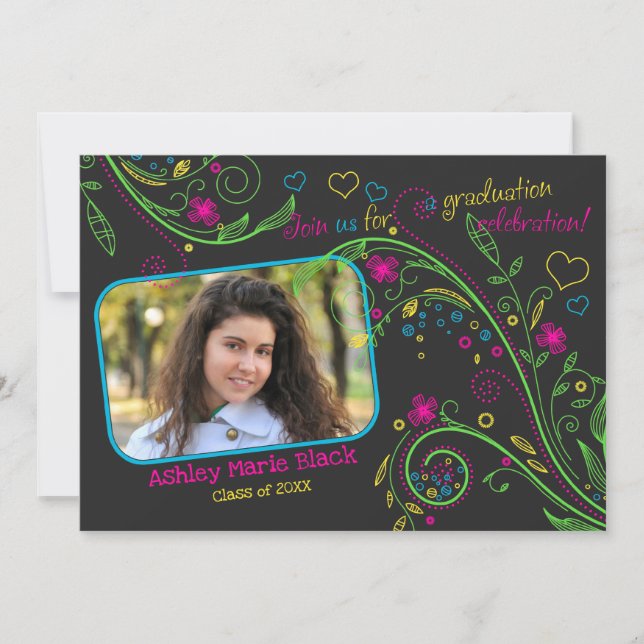 Funky Neon Floral Photo Graduation Invitation (Front)