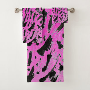 Funky Neon Pink and Black Print Bath Towel Set