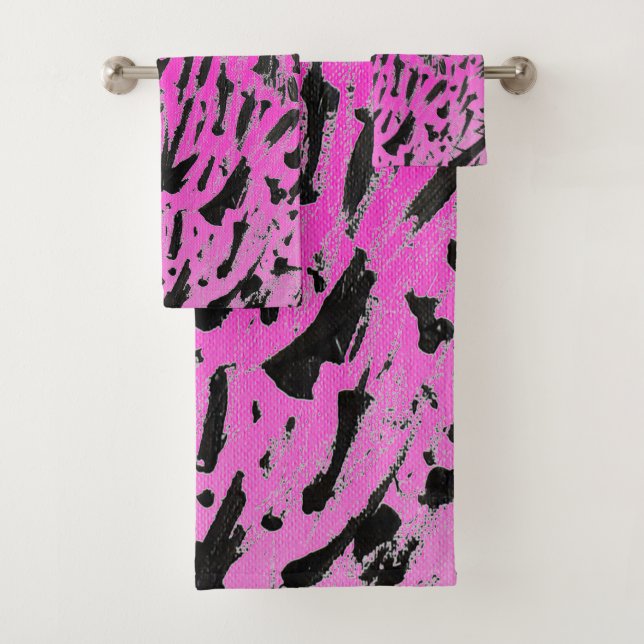 Funky Neon Pink and Black Print Bath Towel Set (Insitu)