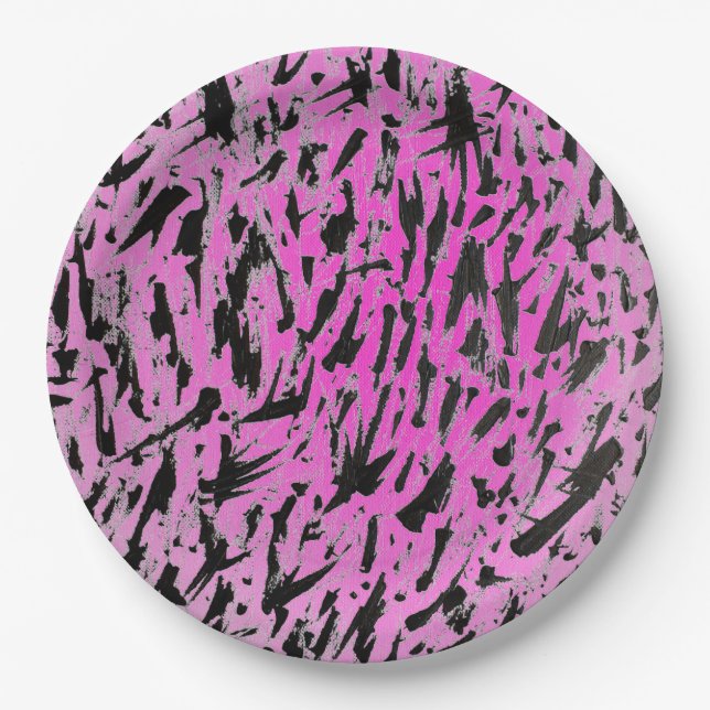 Funky Neon Pink and Black Print Paper Plate (Front)