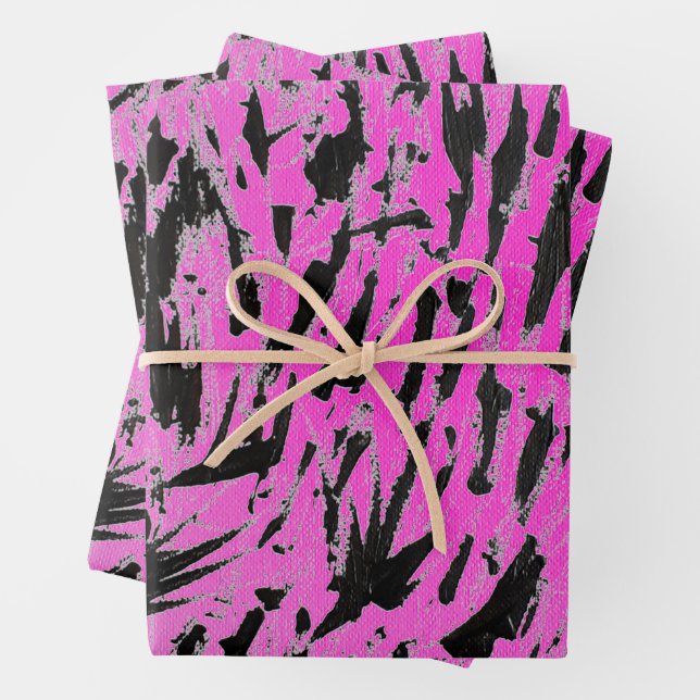Funky Neon Pink and Black Print Wrapping Paper Sheet (In situ)