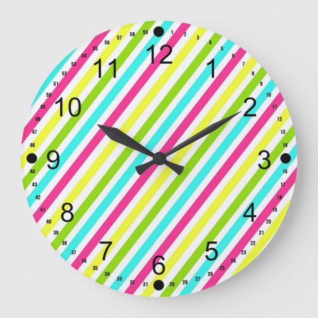 Funky Neon Pink Blue Green Yellow Stripes Large Clock (Front)