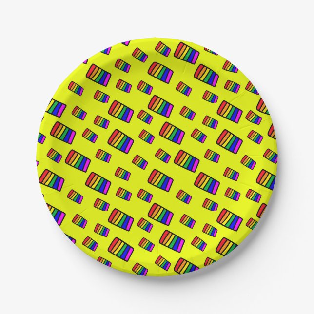 Funky Neon Rainbow Block Pattern Paper Plate (Front)