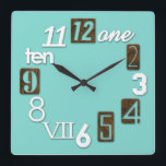 Funky Numbra Square Wall Clocks<br><div class="desc">Numbra wall clocks with funky assorted fonts.  White,  Teal Blue and Brown Wood Grain Texture.  Great for college dorm rooms. 

 Custom color request accepted.  Click the contact link above to send me a message.</div>