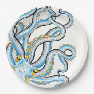 Funky Octopus Ink Blue Orange Paper Plate