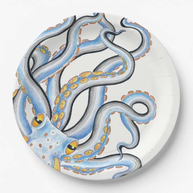 Funky Octopus Ink Blue Orange Paper Plate (Front)