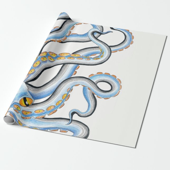 Funky Octopus Ink Blue Orange Wrapping Paper (Unrolled)