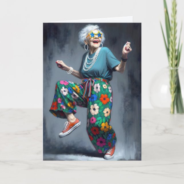 Funky Old Birthday Lady Dancing Card (Front)