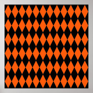 Funky Orange and Black Diamond Harlequin Pattern Poster