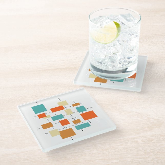 Funky Orange and Blue Squares Retro Mid Mod Glass Coaster (Angled)
