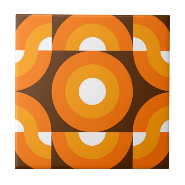 Funky Orange Brown Retro Circles Art Pattern Tile (Front)