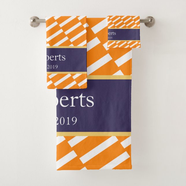 Funky Orange Pattern Family Name and Year Modern Bath Towel Set (Insitu)