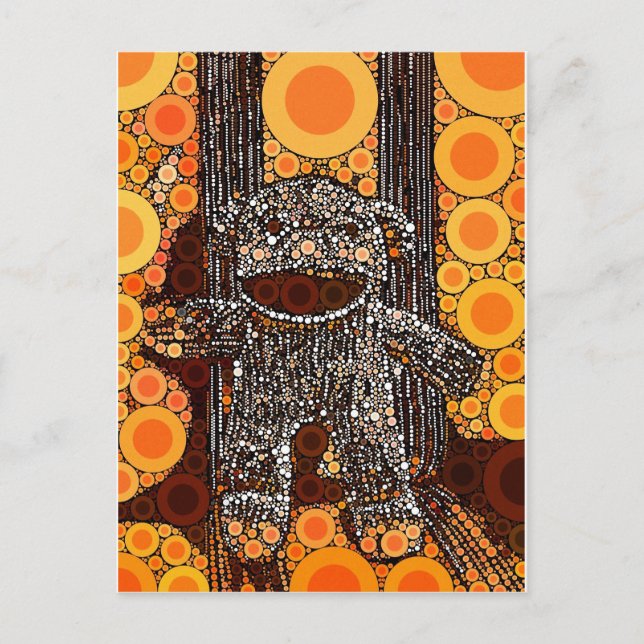 Funky Orange Sock Monkey Circles Bubbles Pop Art Postcard (Front)