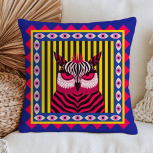 Funky Owl in Zebra Pattern Yellow Stripes Blue Cushion