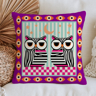 Funky Owls in Zebra Pattern Evil Eyes Eclectic Cushion