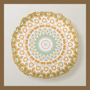 Funky Painted Medallion in Orange and Green Round Cushion