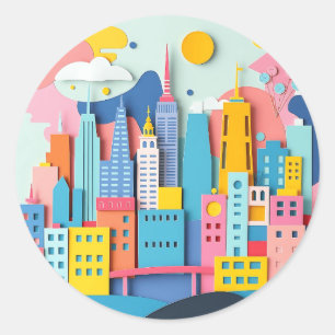 Funky Paper Collage Cityscape Classic Round Sticker