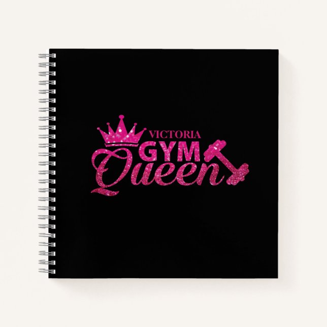 Funky Personalised Hot Pink Faux Glitter Gym Queen Notebook (Front)