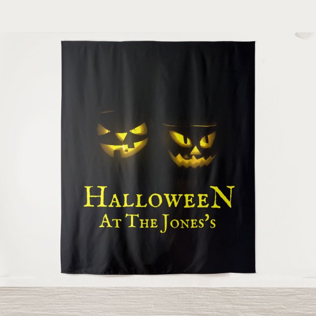Funky personalised yellow  black Halloween pumpkin Tapestry (Front)