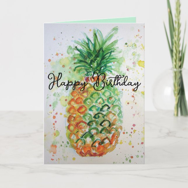 Funky Pineapple Fruit Watercolour Birthday Card (Front)