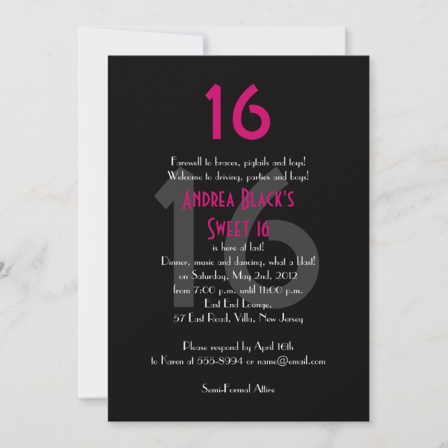 Funky Pink and Black Sweet 16 Birthday Invitation (Front)