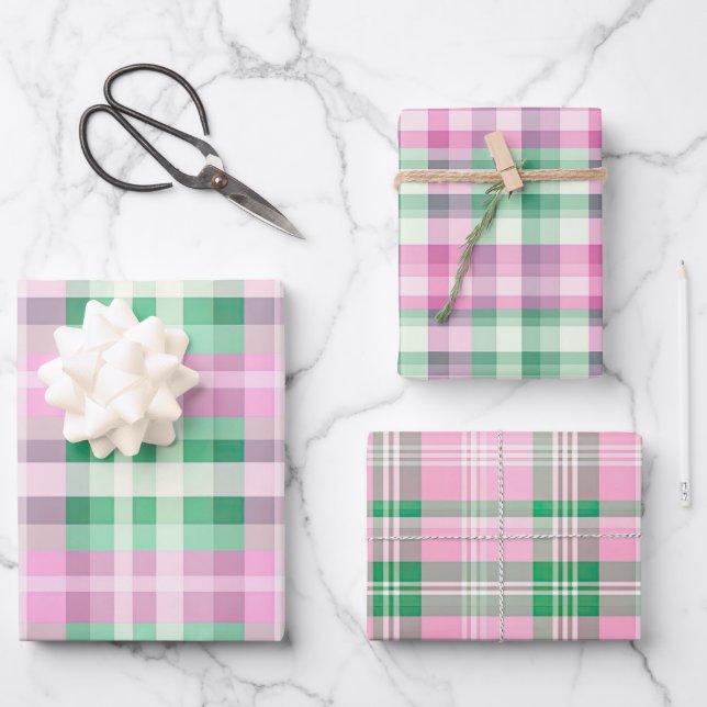 Funky Pink And Green Plaid Tartan Mix Pattern Wrapping Paper Sheet (Front)