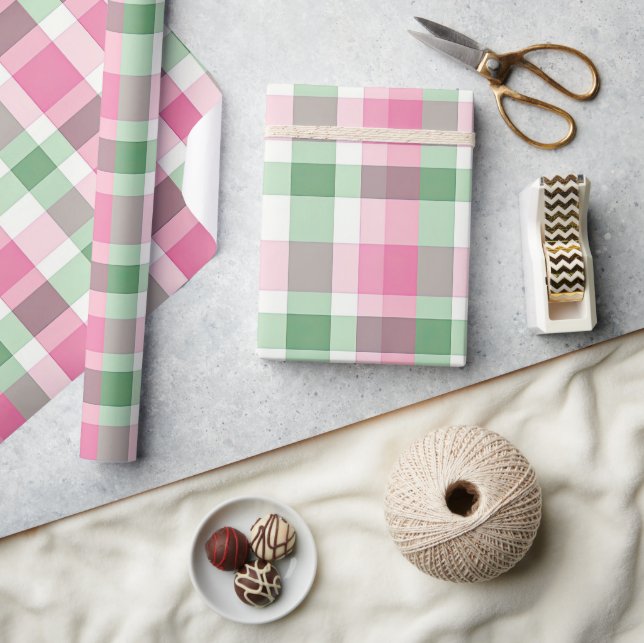 Funky Pink And Green Plaid Tartan Pattern Wrapping Paper (Crafts)