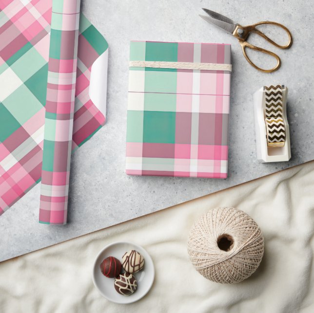 Funky Pink And Mint Green Plaid Tartan Pattern Wrapping Paper (Crafts)