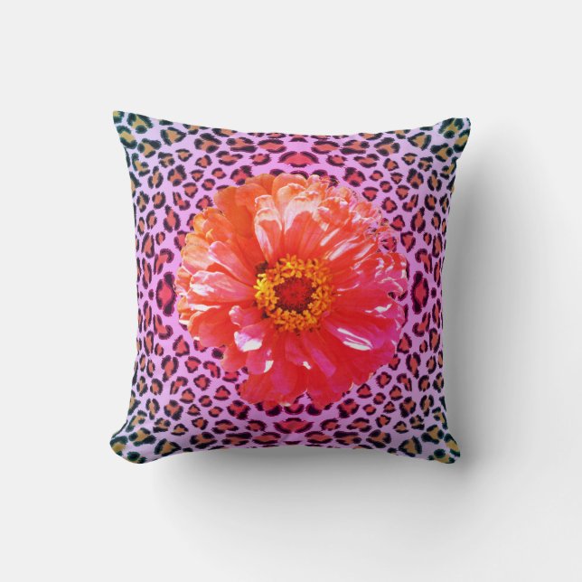 Funky pink and orange floral with leopard pattern  cushion (Front)