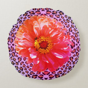 Funky pink and orange floral with leopard pattern  round cushion
