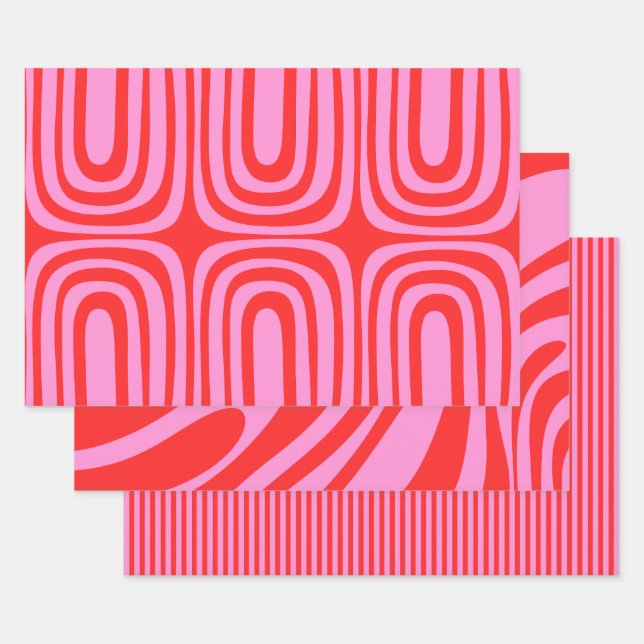 Funky Pink and Red Patterns Wrapping Paper Sheet (Set)