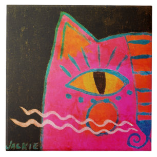 Funky Pink Cat Painting Tile