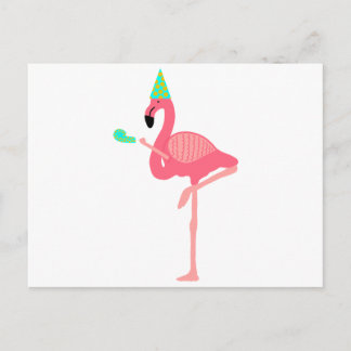 Funky Pink Flamingo Wearing Party Hat Invitation Postcard