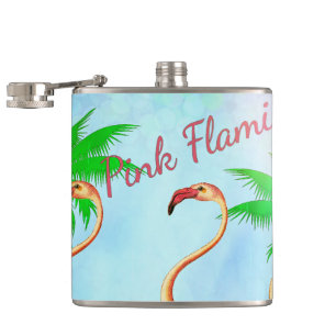 Funky Pink Flamingos Palm Trees Blue Sky Hip Flask