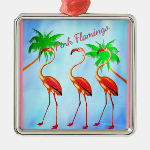 Funky Pink Flamingos Palm Trees Blue Sky Metal Tree Decoration