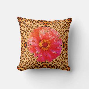Funky pink orange floral leopard pattern cushion