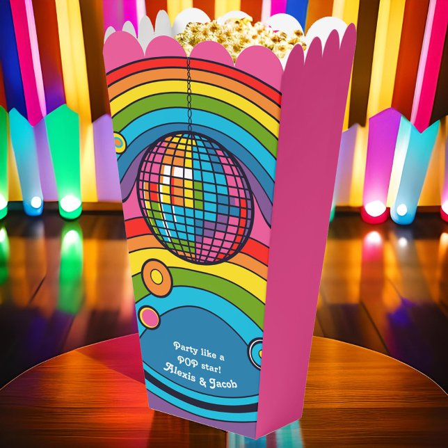 Funky Pink Popcorn Rainbow Disco Ball 70's Retro Favour Box (Funky Hot Pink Popcorn Rainbow Disco Ball 70's Retro Wedding Reception Party Favor Boxes)
