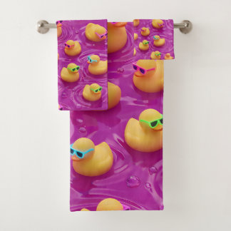 Funky pink rubber duck pattern bath towel, cute wh towel set