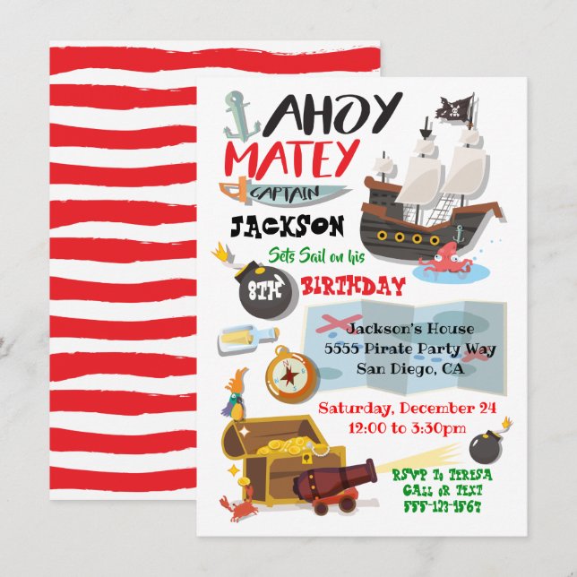 Funky Pirate Birthday Party Invitation (Front/Back)