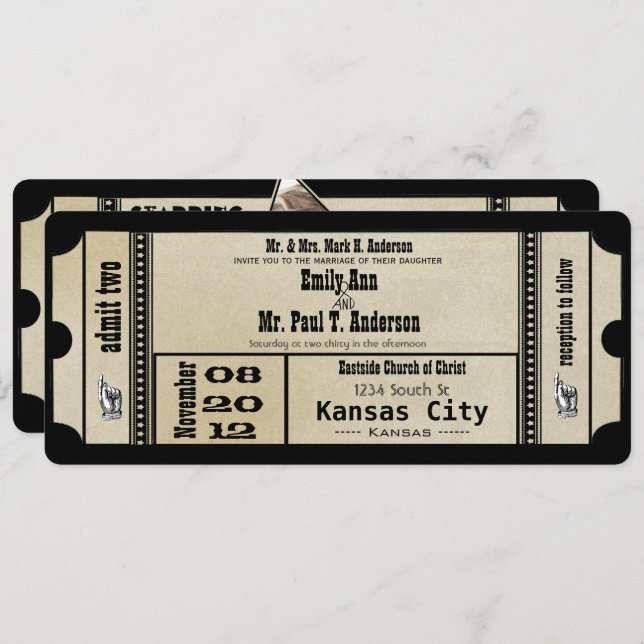 Funky Playbill Wedding Silver Metallic Invite (Front/Back)