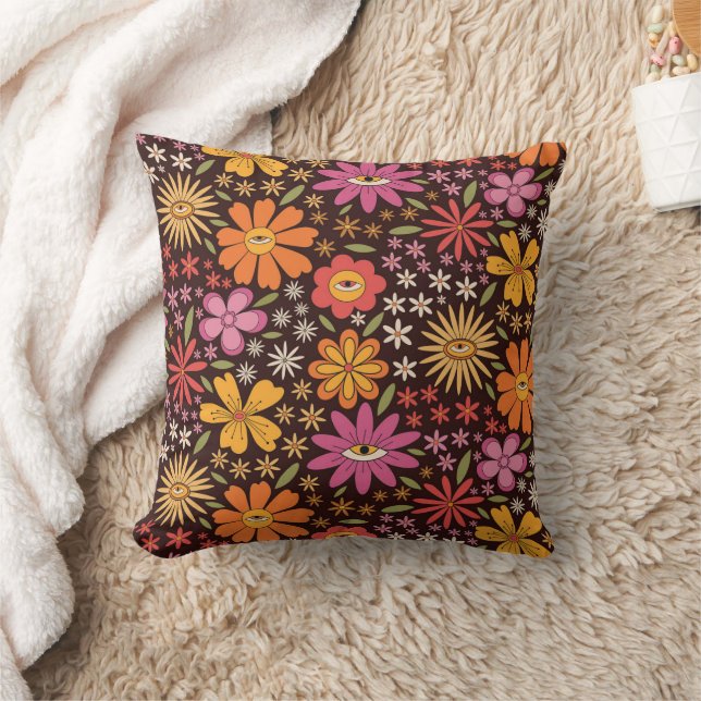 Funky Psychedelic 70s Groovy Flowers Eye Pattern  Cushion (Blanket)