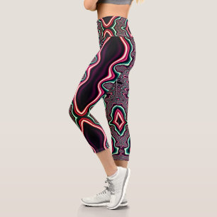Funky Psychedelic Green and Red Fractal Pattern Capri Leggings