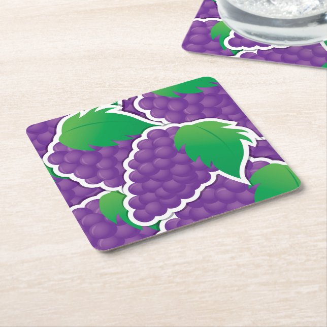 Funky purple grapes square paper coaster (Angled)