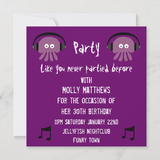 Funky Purple Jellyfish DJ Customisable Party Invitation (Front)