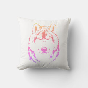 Funky Purple Pink Yellow Wolf Face Head Sketch Cushion
